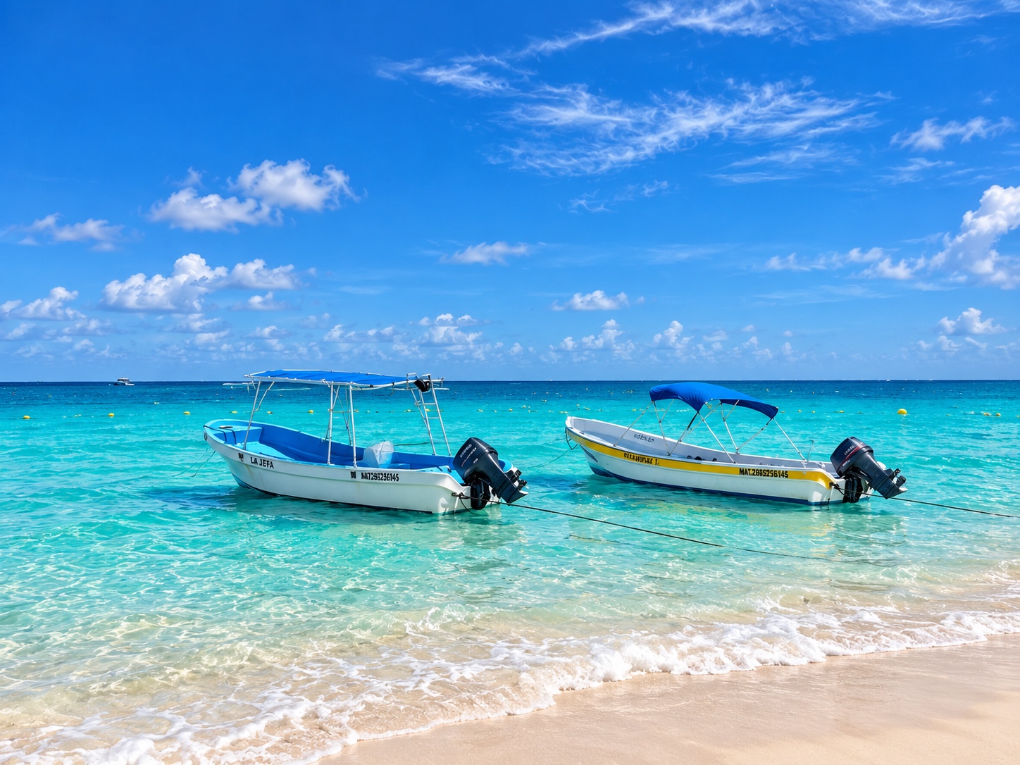 Lanchitas sobre el mar turquesa de Coco Beach en Playa del Carmen